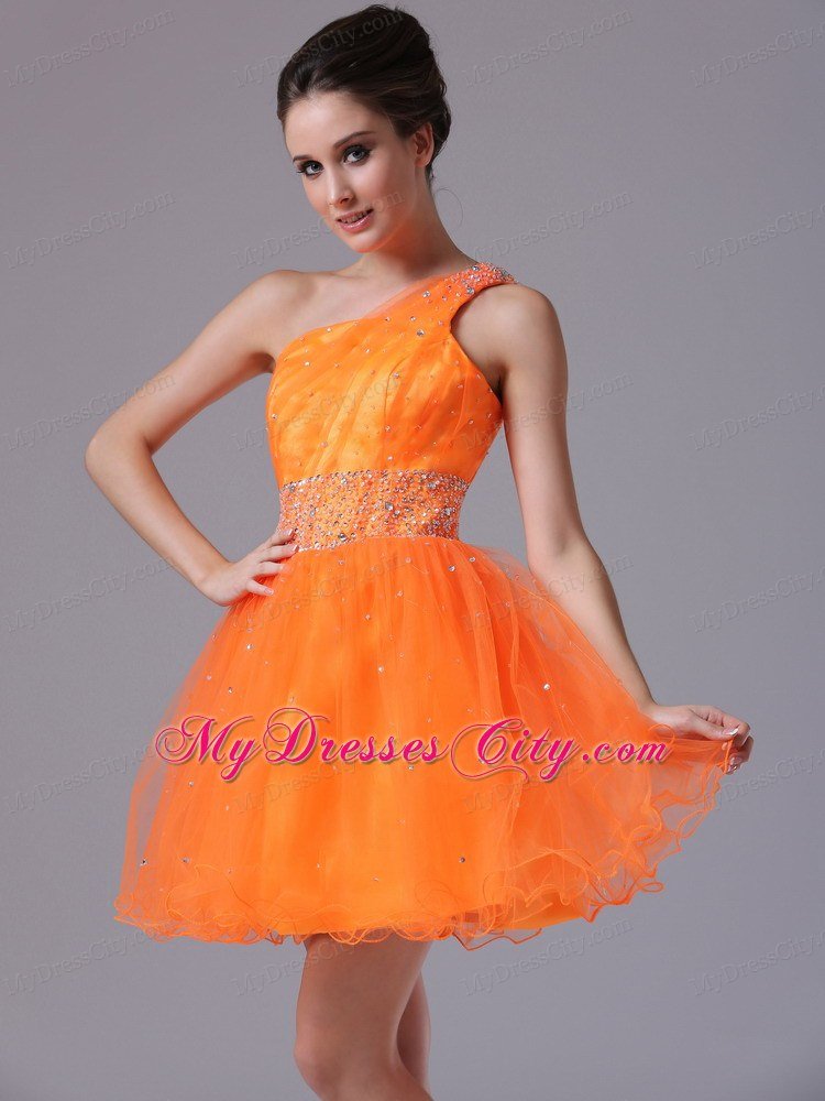 Beading Decorate One Shoulder Mini-length Orange Homecoming Dress