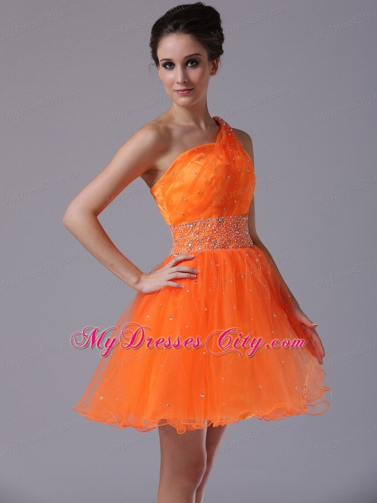 Beading Decorate One Shoulder Mini-length Orange Homecoming Dress