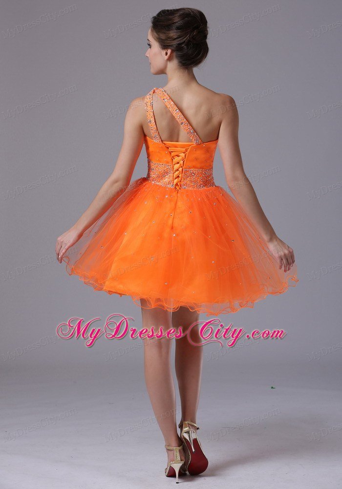 Beading Decorate One Shoulder Mini-length Orange Homecoming Dress