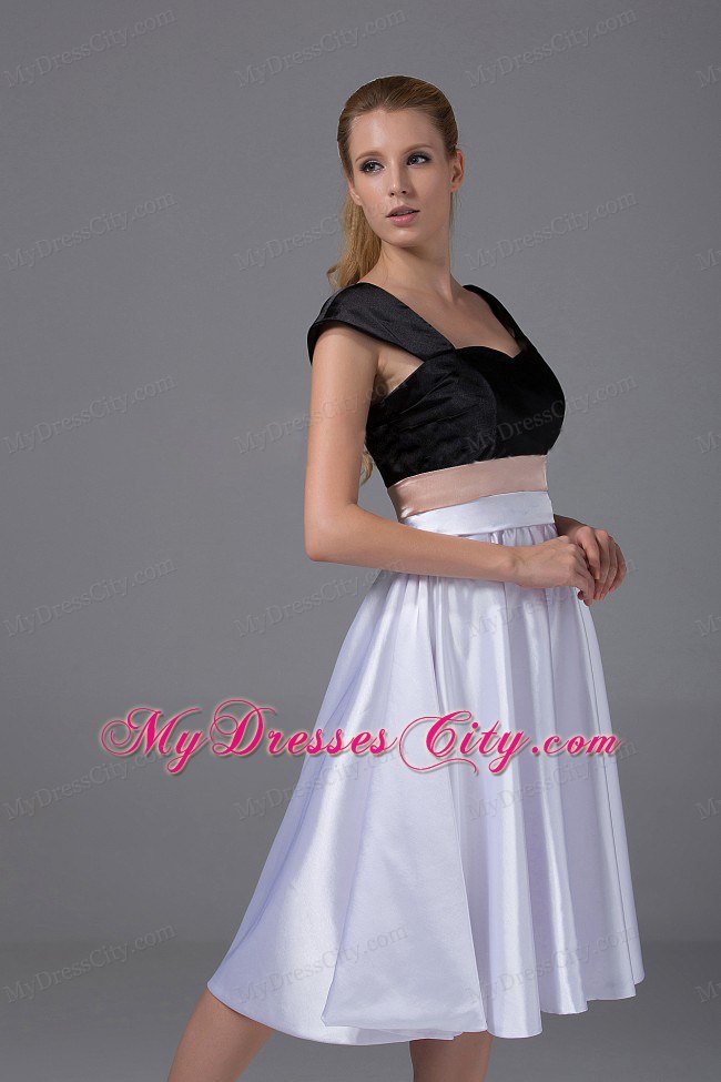 White and Black Knee-length Homecoming Dress with Cap Sleeves