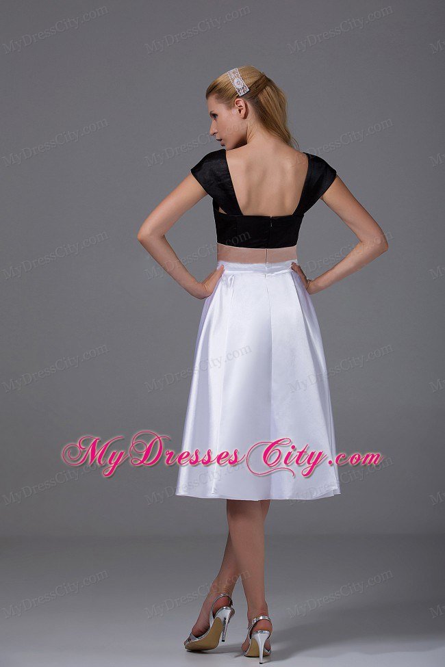 White and Black Knee-length Homecoming Dress with Cap Sleeves