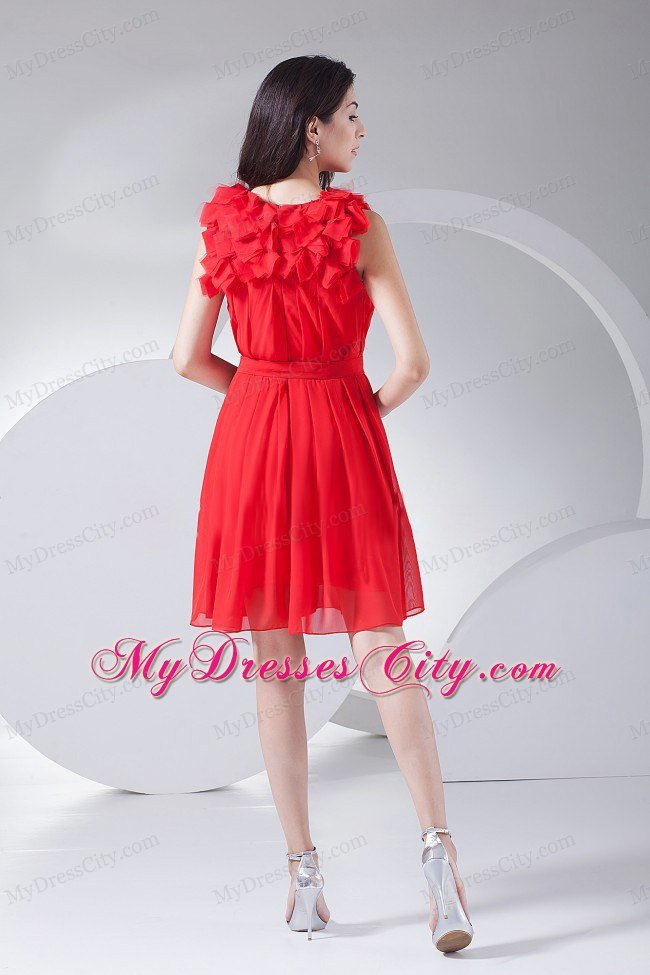 Flowers Decorate Red Chiffon Homecoming Dress Knee-length Style