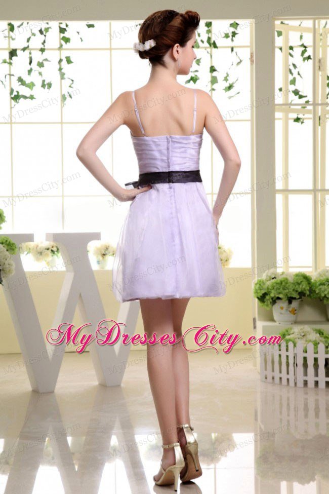 Short Lilac Prom Dress with Spaghetti Straps and Black Sash