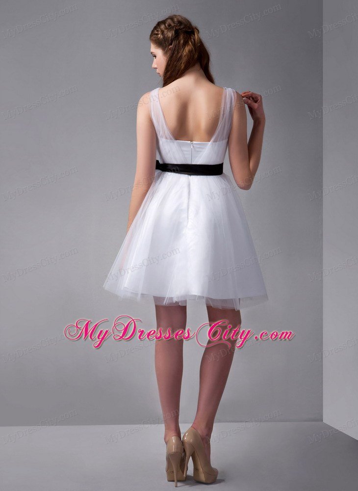 White Homecoming Dresses with Sheer Straps Black Sash Mini-length