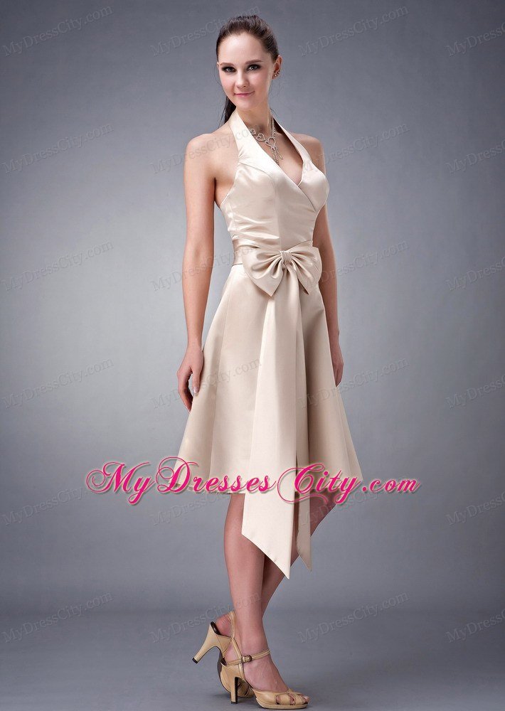 Champagne Princess Halter Tea-length Satin Sash Homecoming Dress