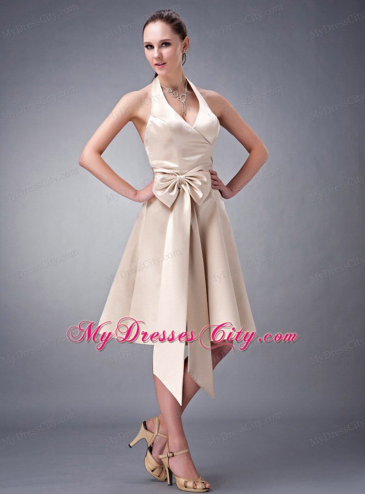 Champagne Princess Halter Tea-length Satin Sash Homecoming Dress