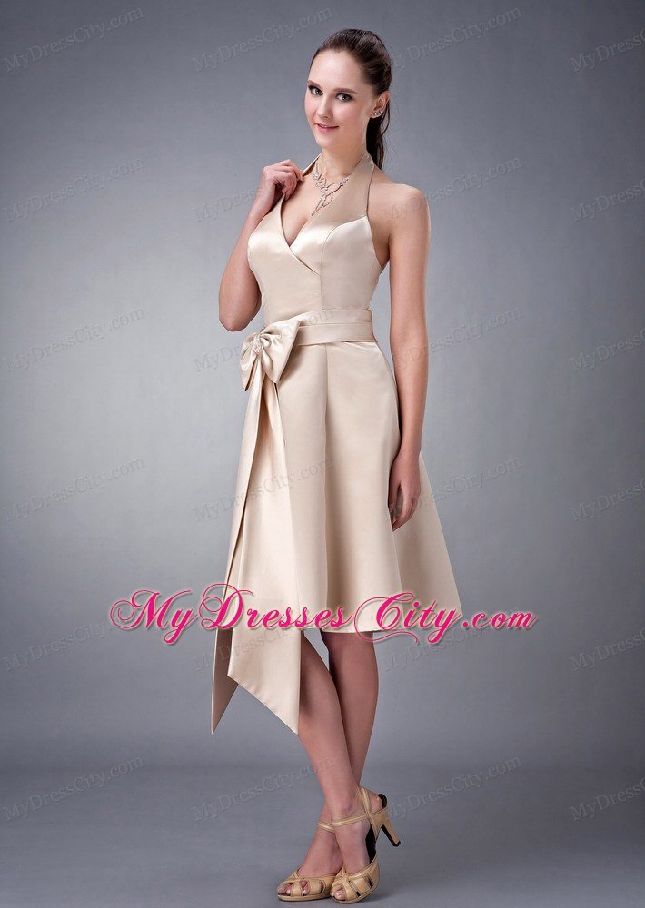 Champagne Princess Halter Tea-length Satin Sash Homecoming Dress