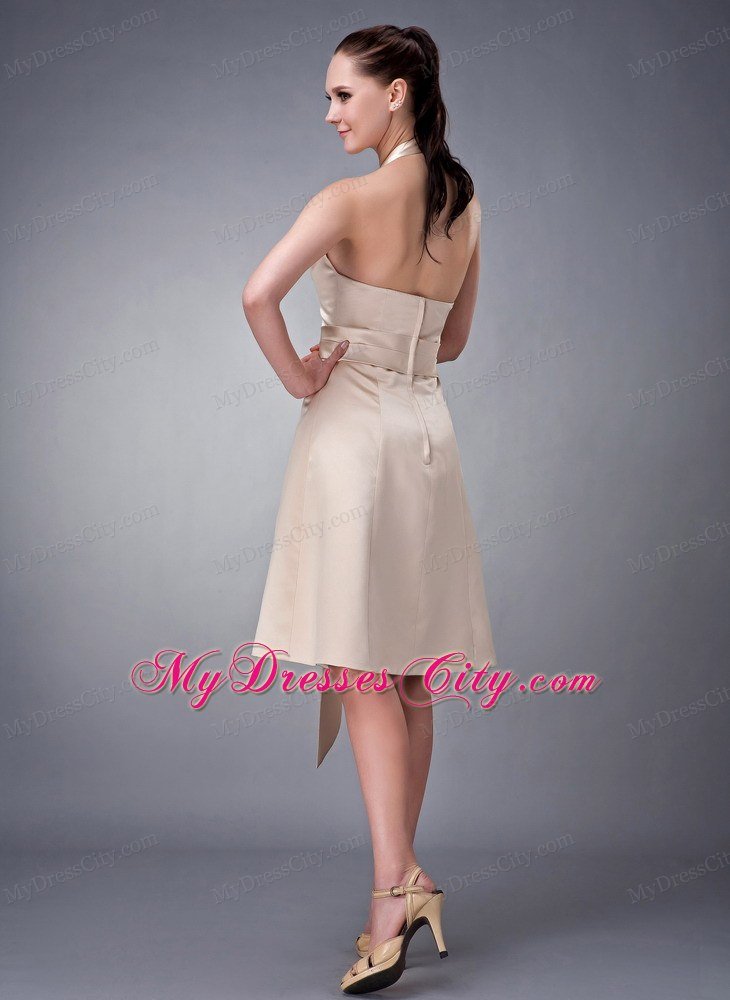 Champagne Princess Halter Tea-length Satin Sash Homecoming Dress