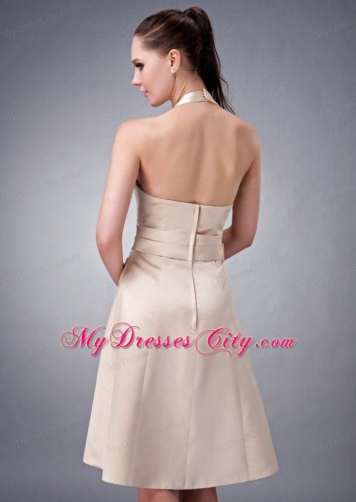 Champagne Princess Halter Tea-length Satin Sash Homecoming Dress