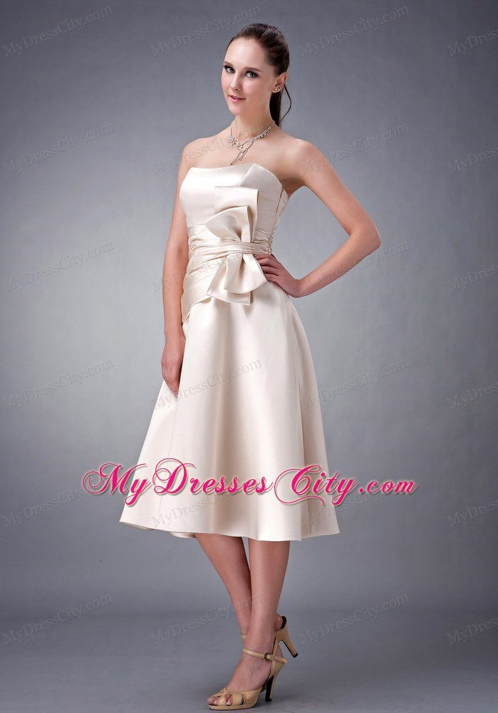 Tea-length Satin Champagne Strapless Sashed Homecoming Dress