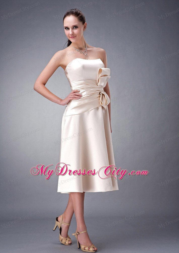 Tea-length Satin Champagne Strapless Sashed Homecoming Dress