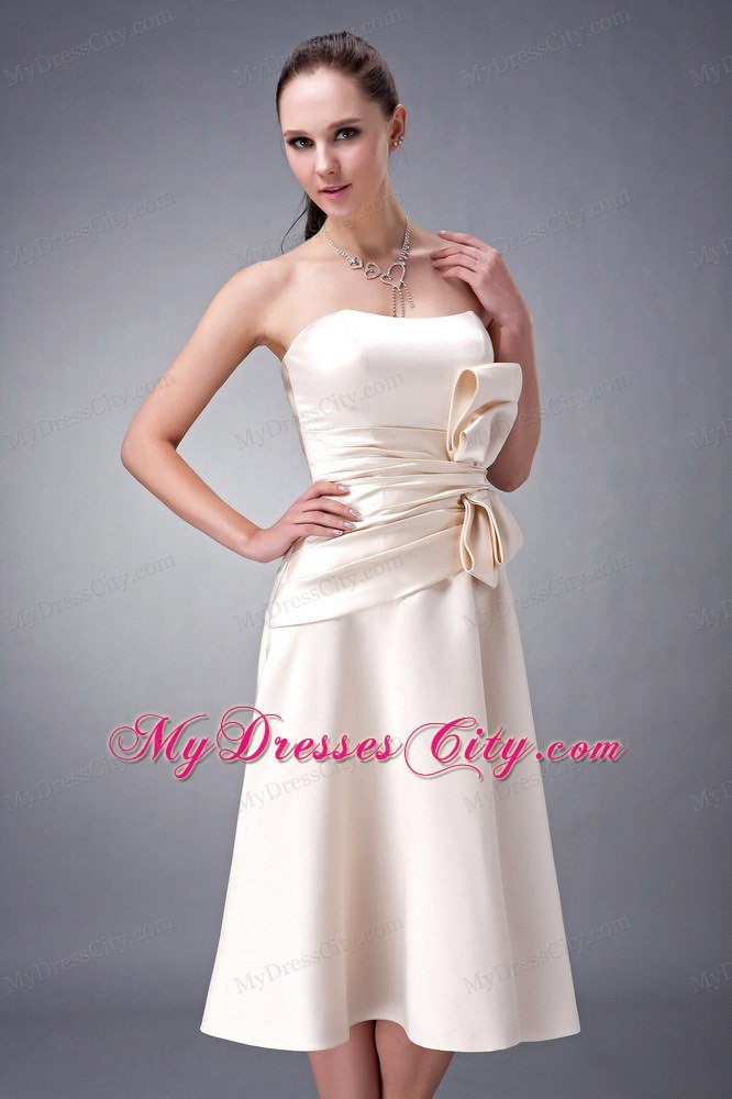 Tea-length Satin Champagne Strapless Sashed Homecoming Dress