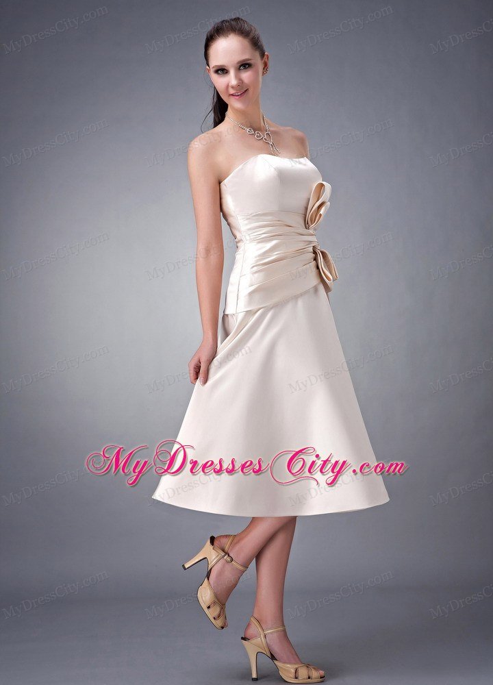 Tea-length Satin Champagne Strapless Sashed Homecoming Dress