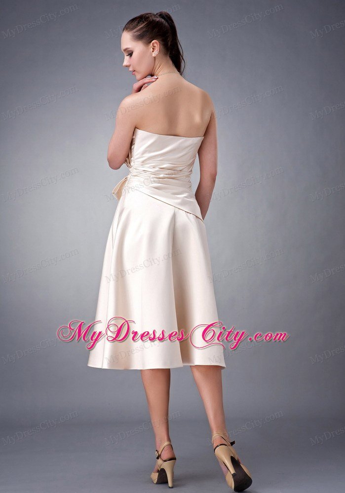 Tea-length Satin Champagne Strapless Sashed Homecoming Dress