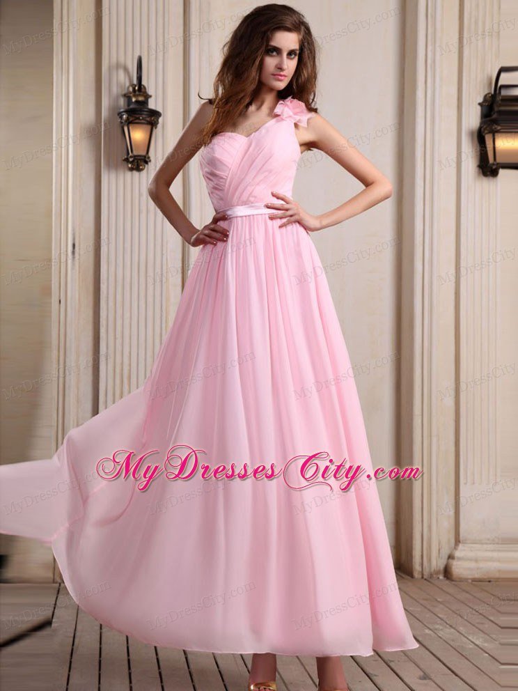 Ankle-length Baby Pink Chiffon One Shoulder Homecoming Dress