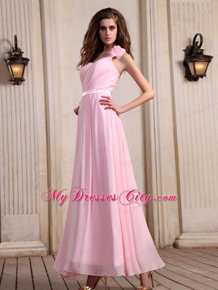 Ankle-length Baby Pink Chiffon One Shoulder Homecoming Dress