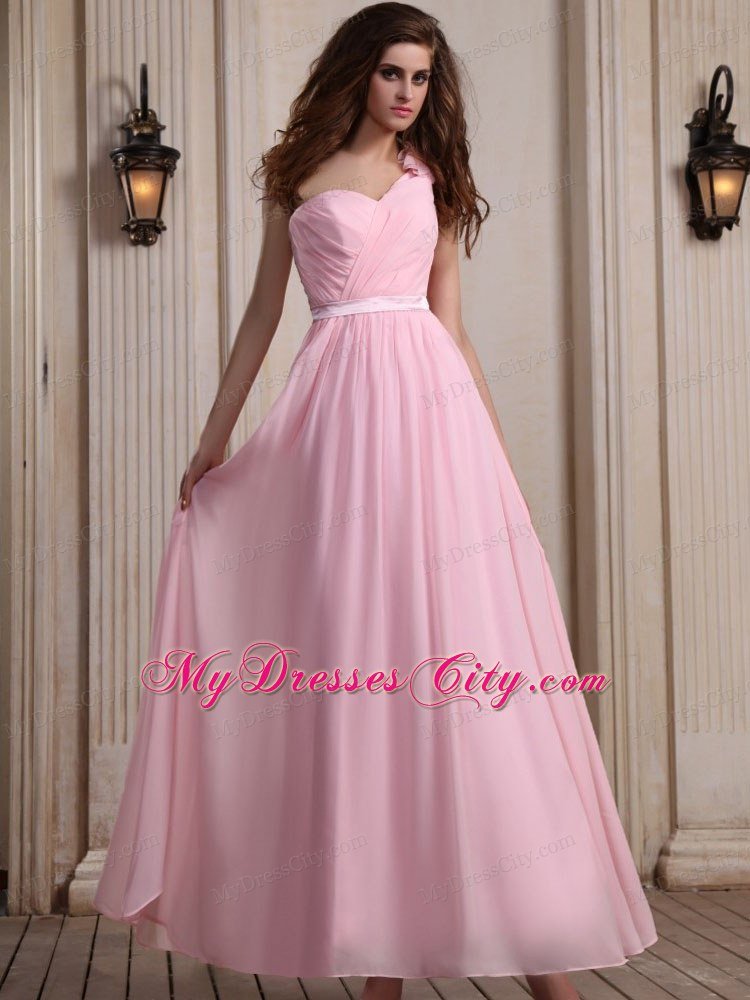 Ankle-length Baby Pink Chiffon One Shoulder Homecoming Dress