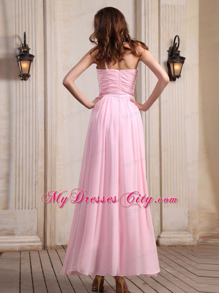 Ankle-length Baby Pink Chiffon One Shoulder Homecoming Dress