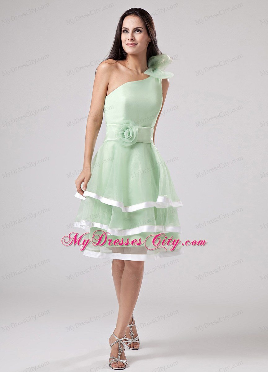 One Shoulder Flowers Sashed Apple Green Layered Homecoming Dress