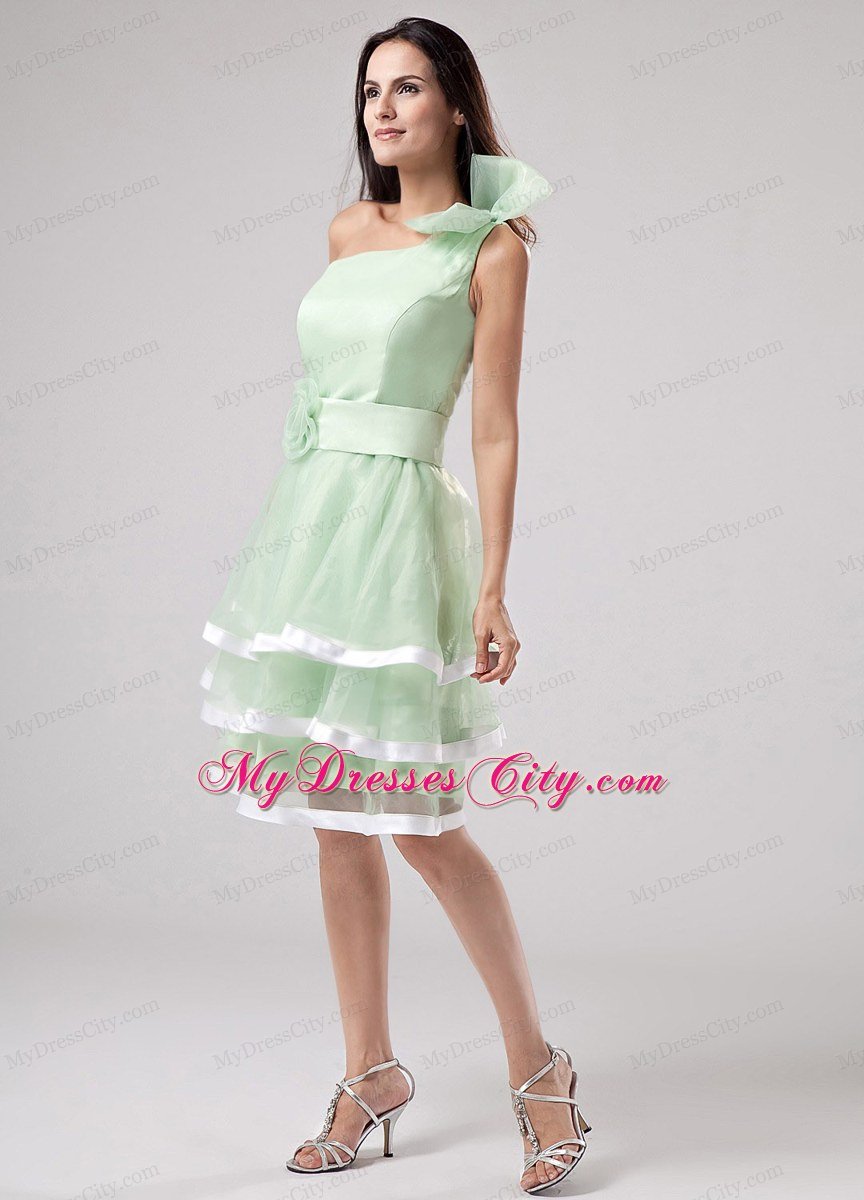 One Shoulder Flowers Sashed Apple Green Layered Homecoming Dress