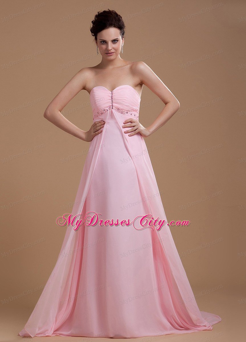 Baby Pink Beaded Sweetheart Court Train Chiffon Homecoming Dress