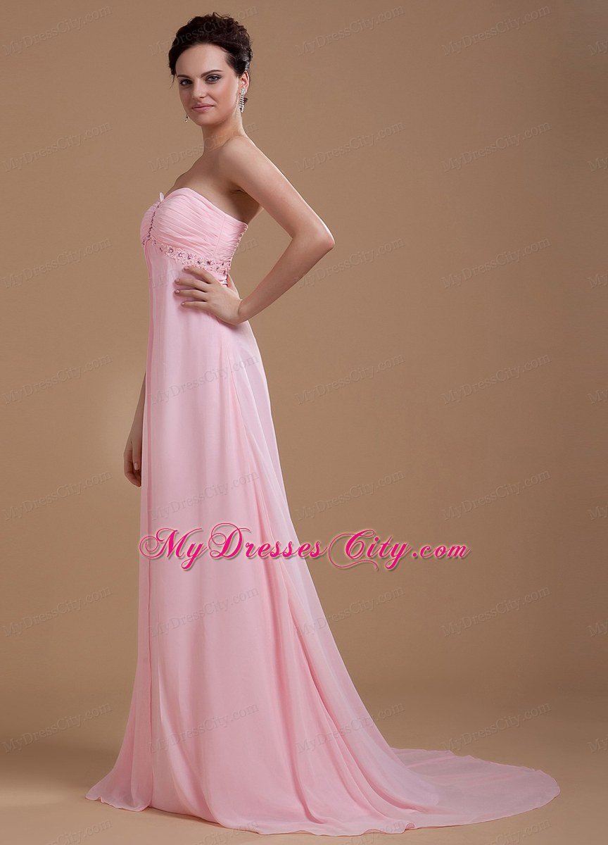 Baby Pink Beaded Sweetheart Court Train Chiffon Homecoming Dress