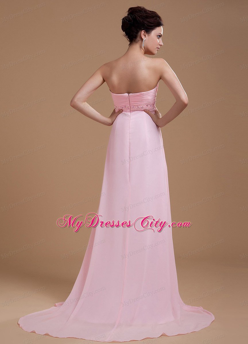 Baby Pink Beaded Sweetheart Court Train Chiffon Homecoming Dress