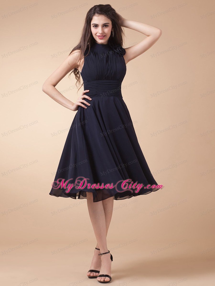 Navy Blue High-neck Tea-length Homecoming Dress with Ruching