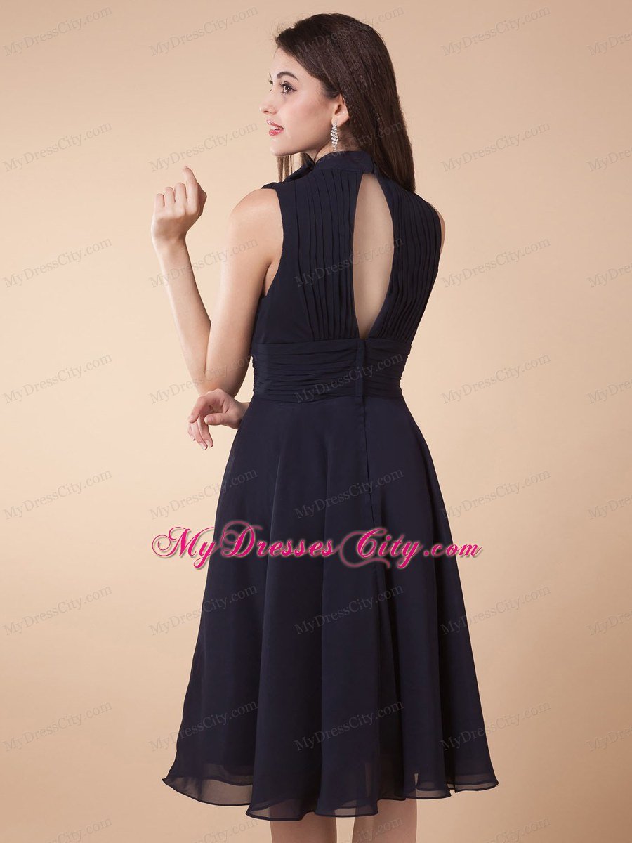 Navy Blue High-neck Tea-length Homecoming Dress with Ruching