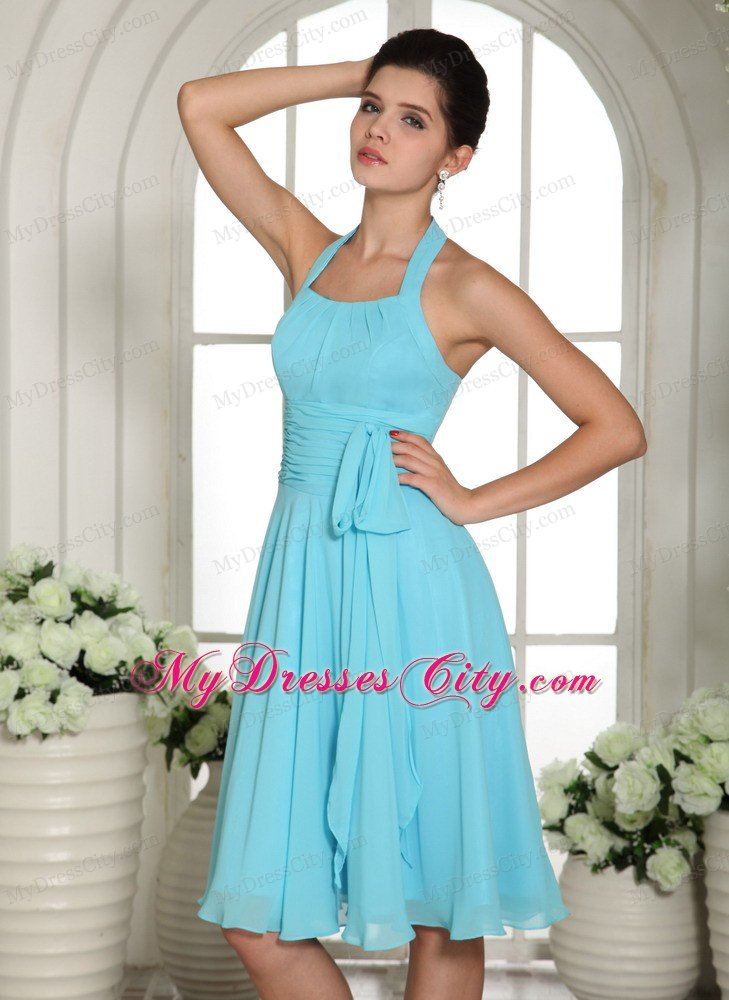 Knee-length Halter Aqua Blue Chiffon Homecoming Dresses Sashed