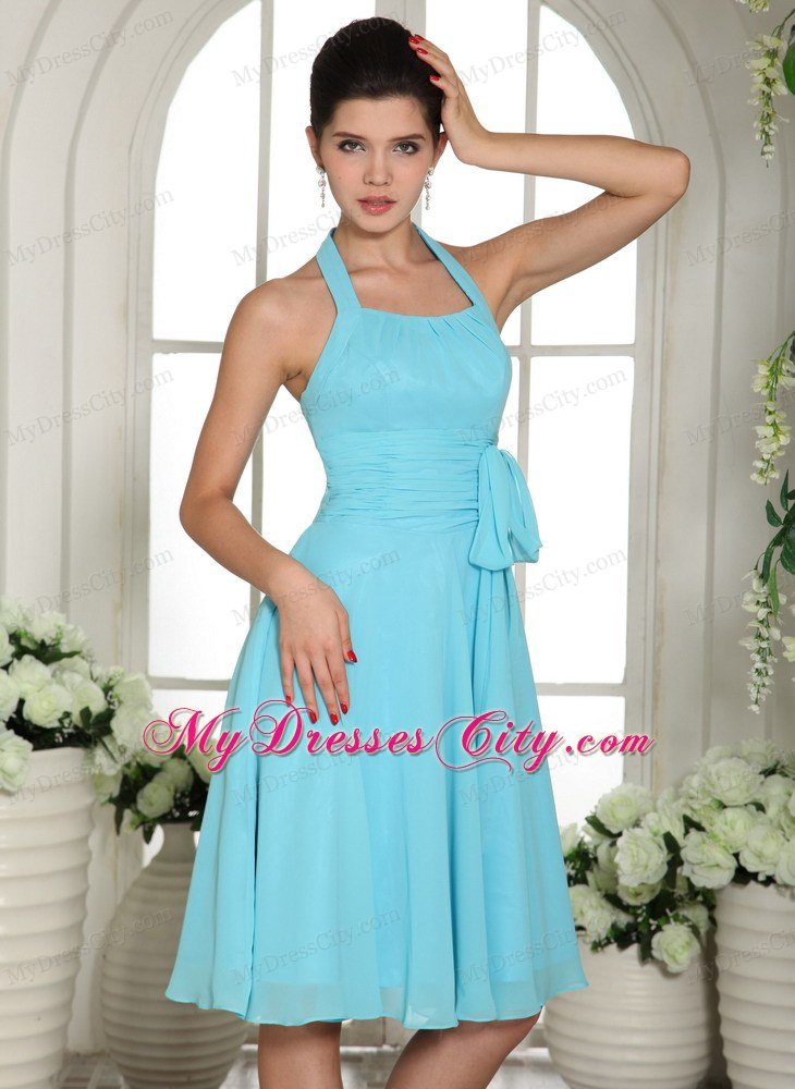 Knee-length Halter Aqua Blue Chiffon Homecoming Dresses Sashed