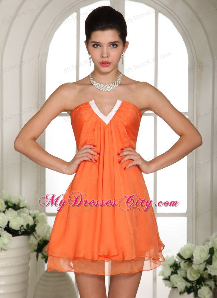 V-neck Mini-length Orange Homecoming Dresses in Chiffon