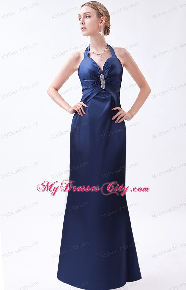 Navy Blue Halter Column Taffeta Homecoming Dress with Beading