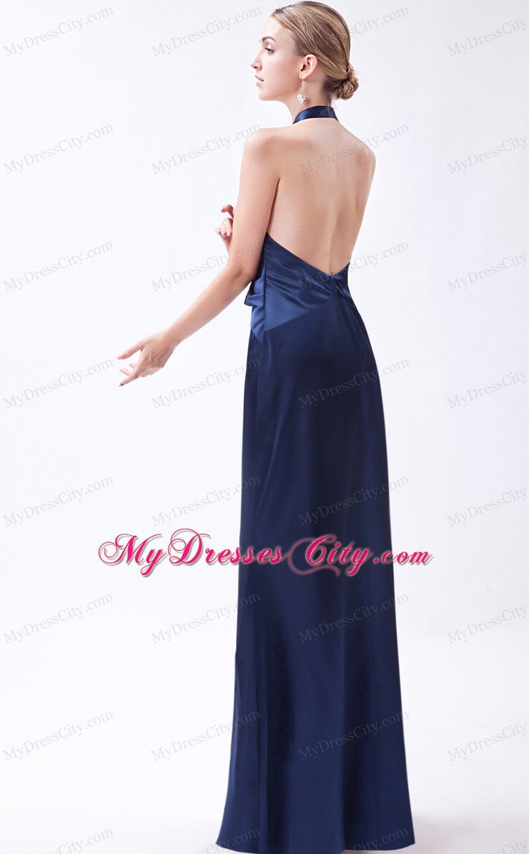 Navy Blue Halter Column Taffeta Homecoming Dress with Beading