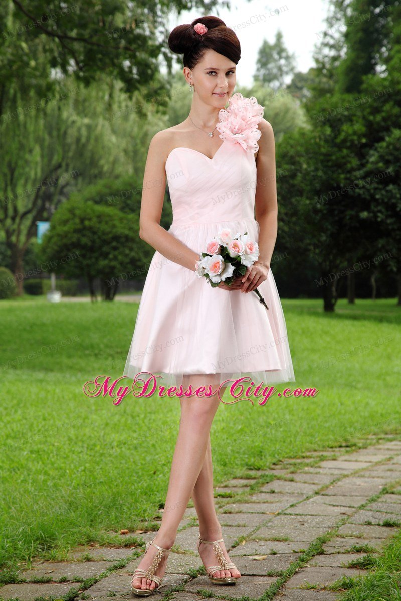 One Shoulder Light Pink Mini Hand Flowers Homecoming Dress