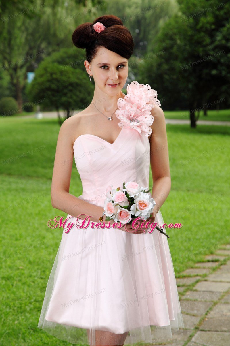 One Shoulder Light Pink Mini Hand Flowers Homecoming Dress