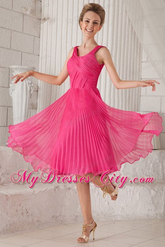 Tea-length Hot Pink Straps Organza Pleated Homecoming Dress