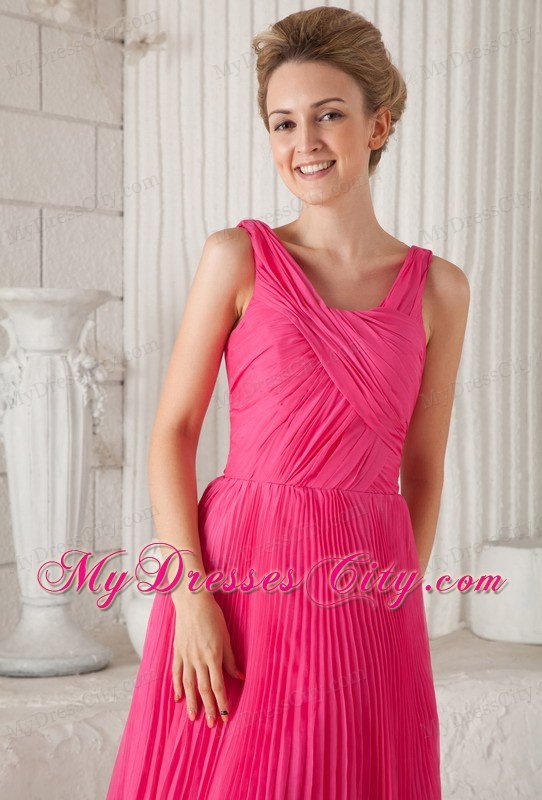 Tea-length Hot Pink Straps Organza Pleated Homecoming Dress