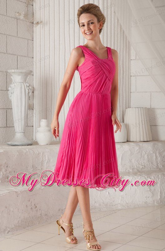 Tea-length Hot Pink Straps Organza Pleated Homecoming Dress