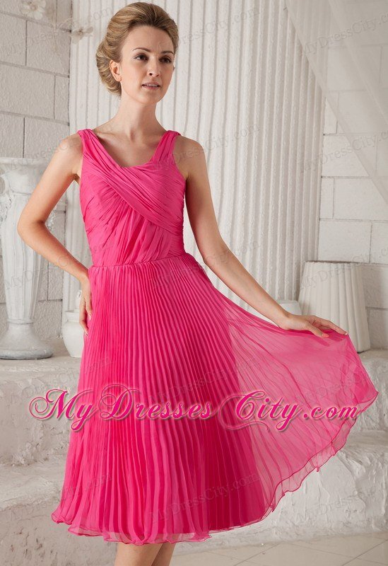 Tea-length Hot Pink Straps Organza Pleated Homecoming Dress