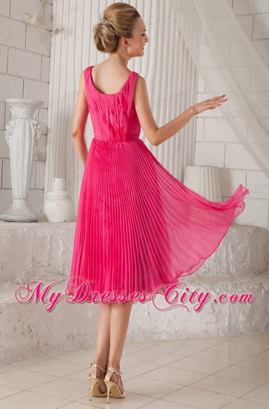 Tea-length Hot Pink Straps Organza Pleated Homecoming Dress