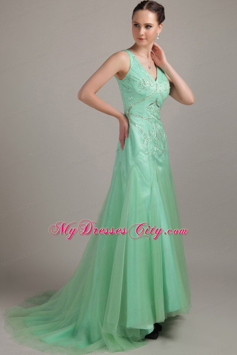 Apple Green Sweep Train Homecoming Dress V- neck Tulle Beaded