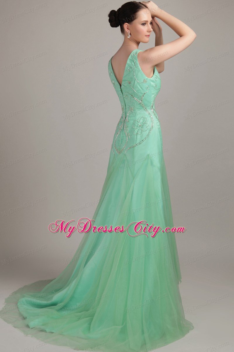 Apple Green Sweep Train Homecoming Dress V- neck Tulle Beaded