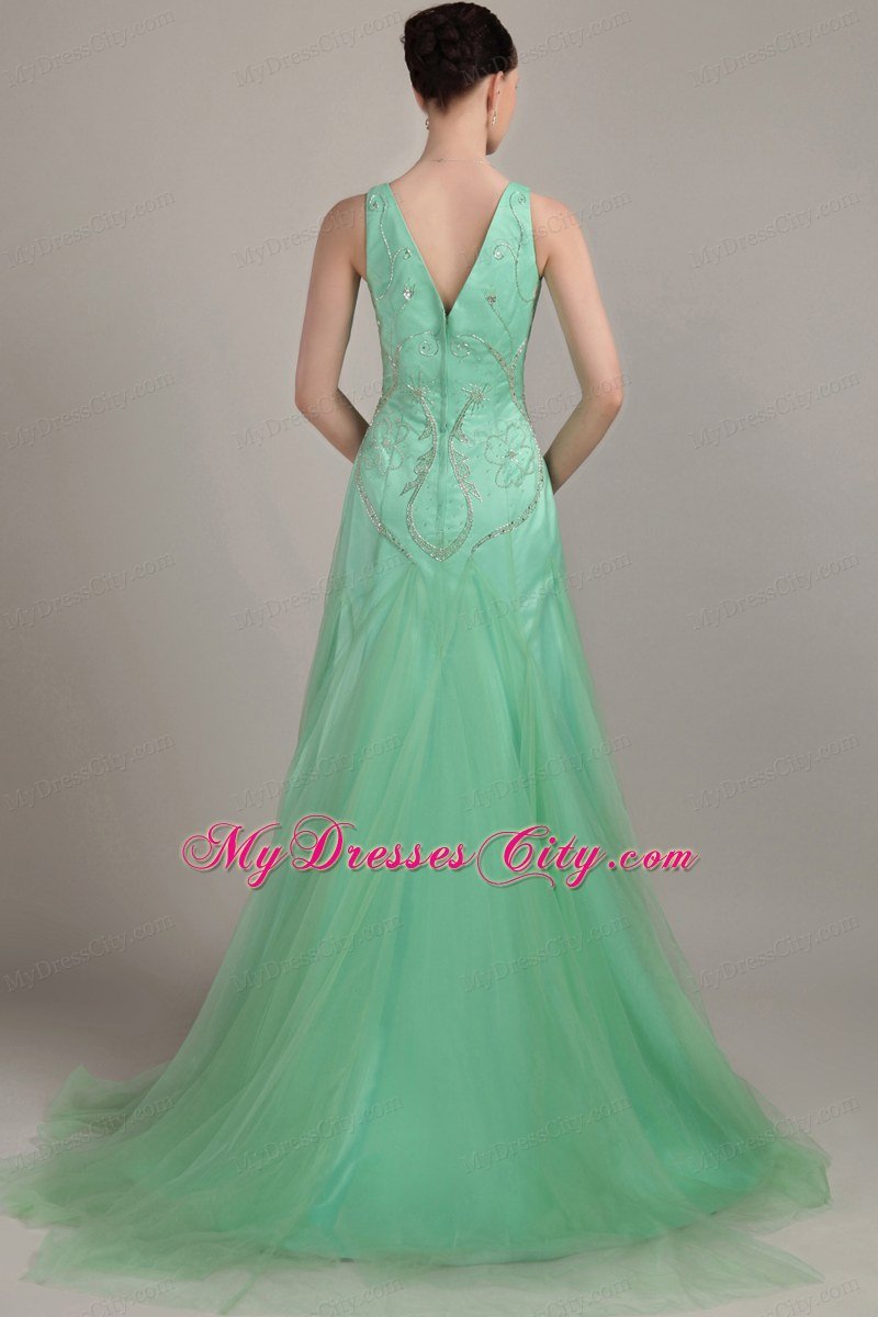 Apple Green Sweep Train Homecoming Dress V- neck Tulle Beaded