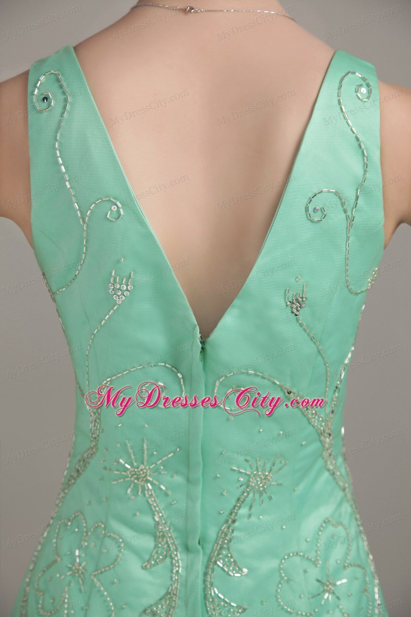 Apple Green Sweep Train Homecoming Dress V- neck Tulle Beaded