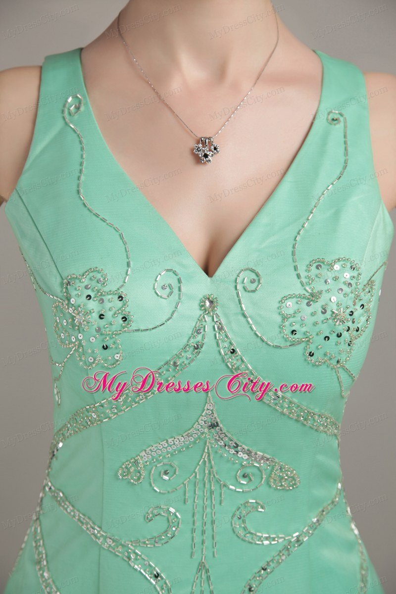 Apple Green Sweep Train Homecoming Dress V- neck Tulle Beaded