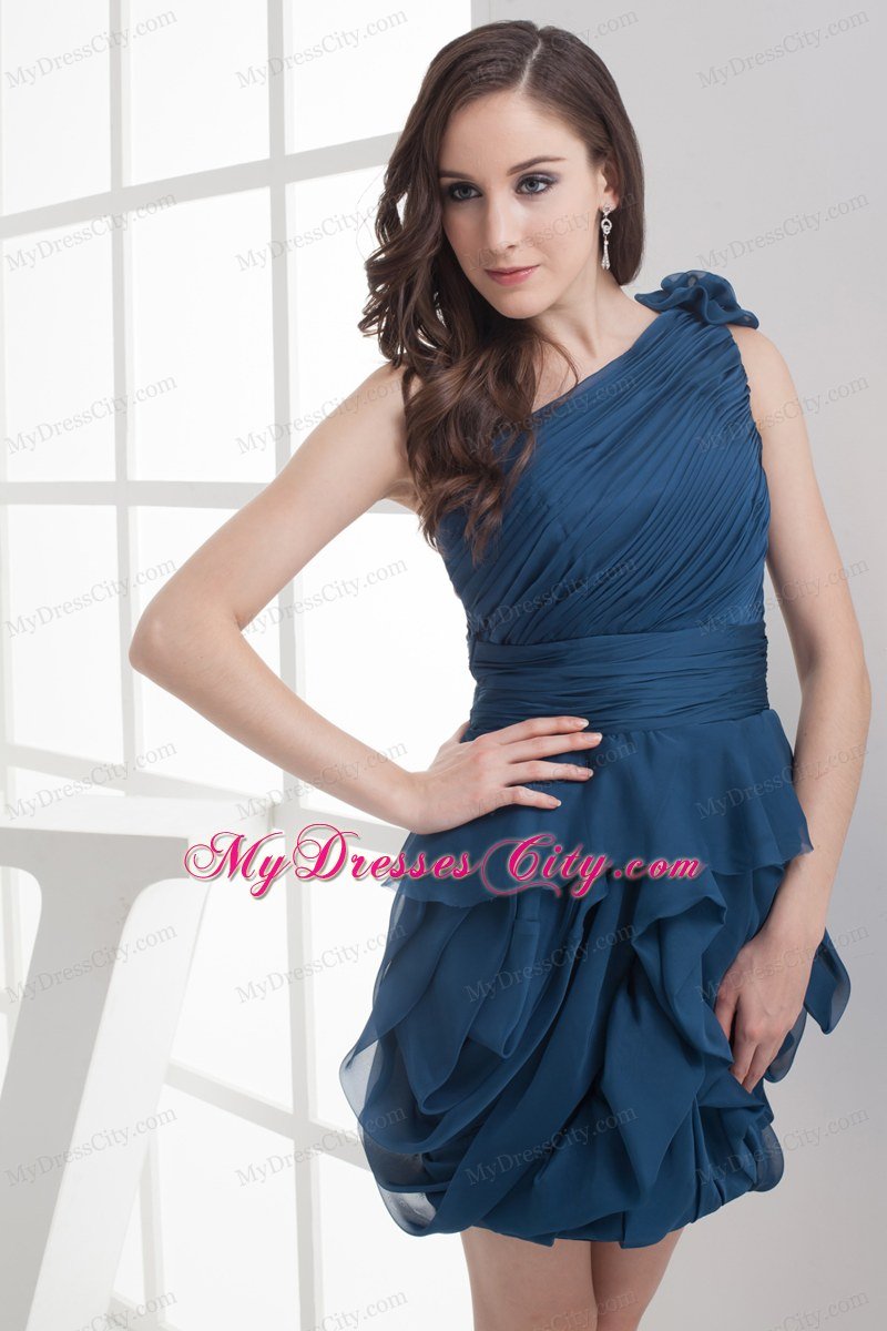 One Shoulder Mini-length Navy Blue Ruching Homecoming Dress