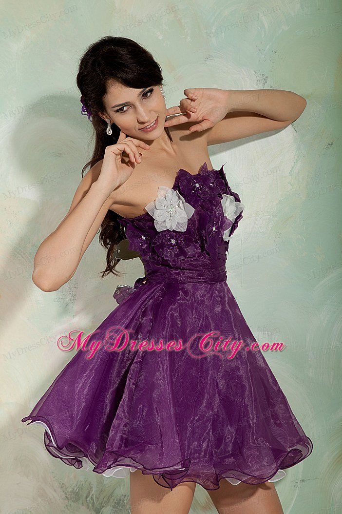 Dark Purple A-line Homecoming Dress Hand Flowers Mini-length