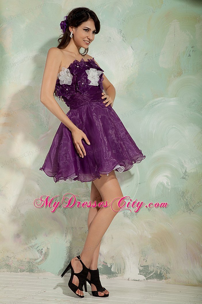 Dark Purple A-line Homecoming Dress Hand Flowers Mini-length