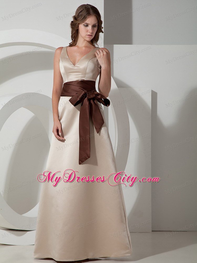 Champagne V-neck Sash Satin Prom Formal Dress in 2013